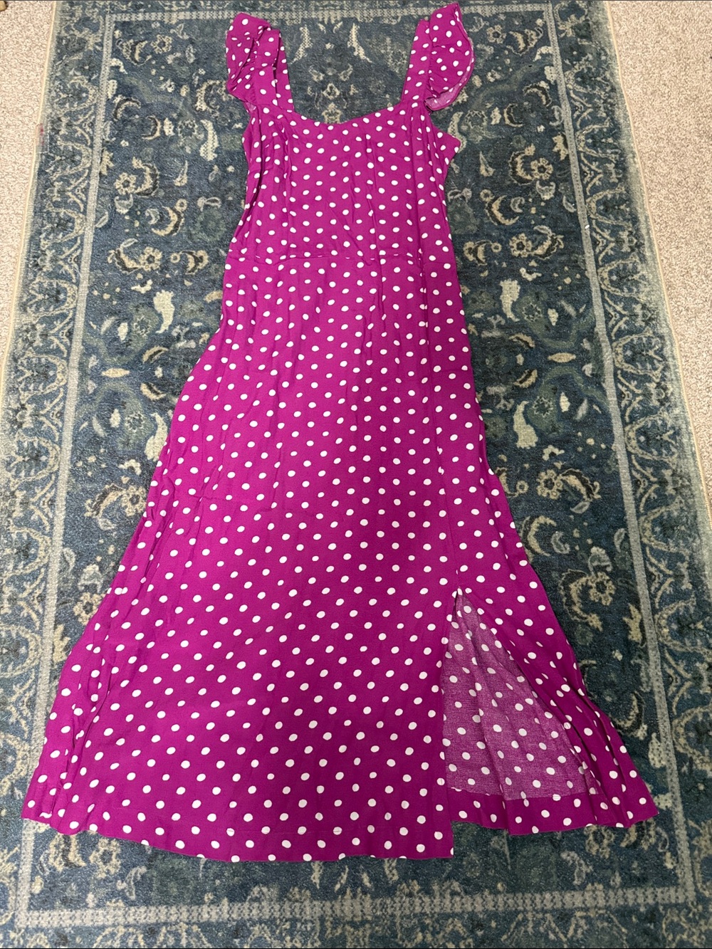 LOFT Fuchsia Polka Dot Midi Dress with Ruffled Straps